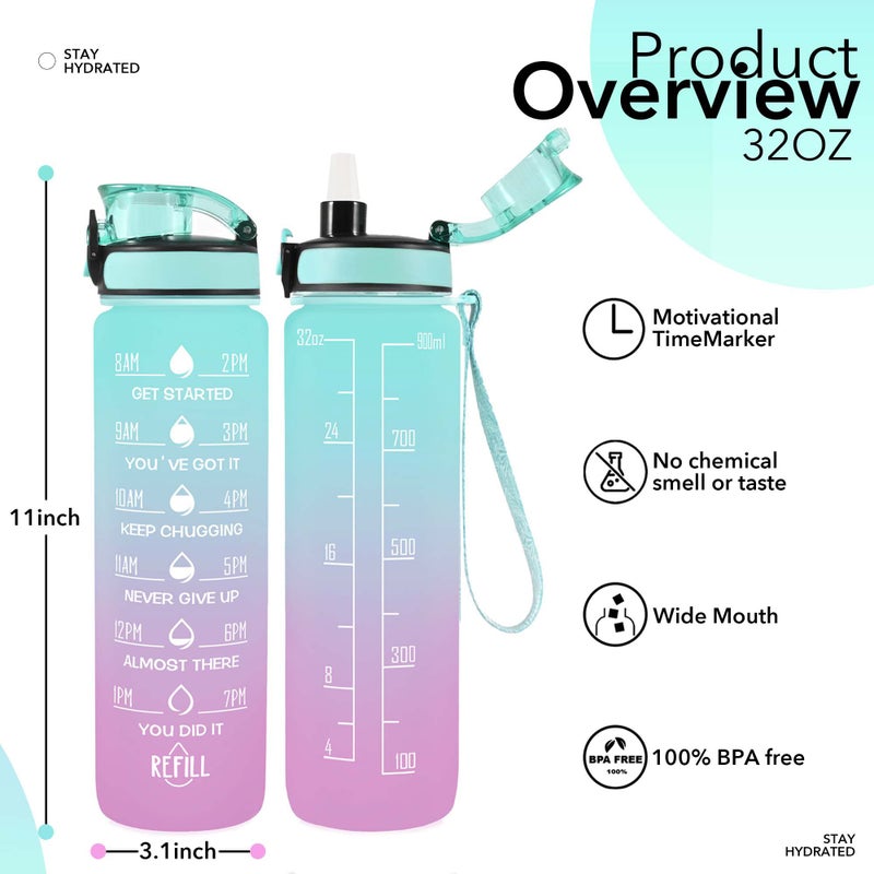 Newfad 32 oz Water Bottles with Straw & Strap, Motivational with Times to Drink, BPA Free Reusable Sports Water Bottle with Sleeve for Hiking, Travel, Running or Fitness (Spring Bouquet) - Image 2