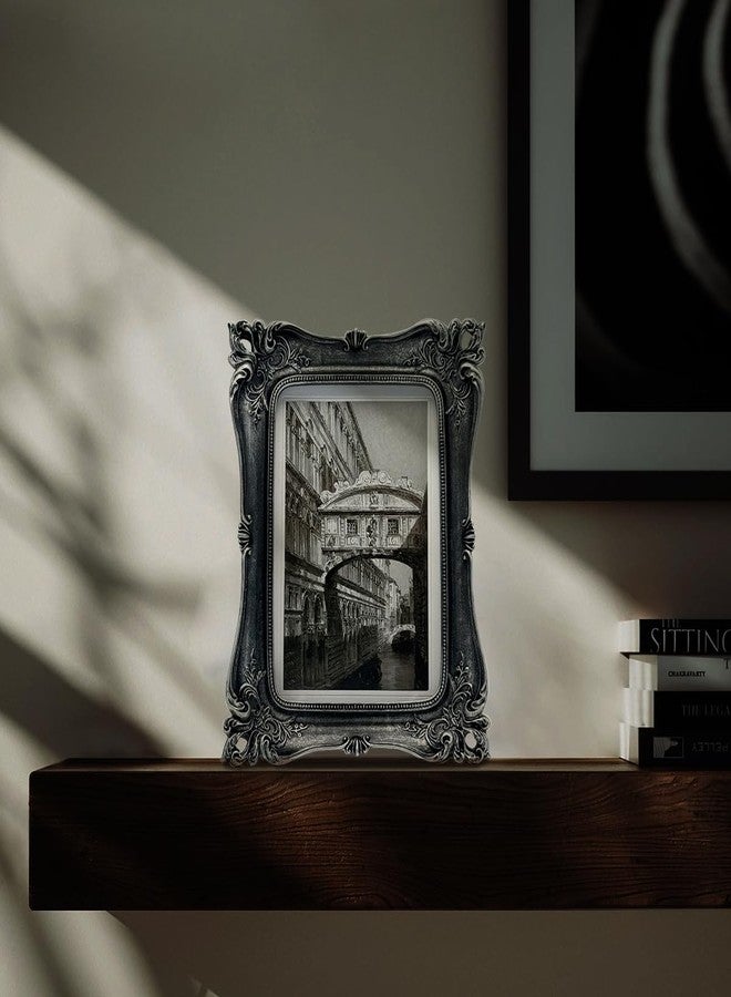 CISOO Vintage 5x7 Picture Frame, Display Pictures 4x6 with Mat or 5x7 without Mat, Antique Photo Frame, for Tabletop and Wall Display, Retro Photo Gallery Art Decor (Black with Silver) - Image 2