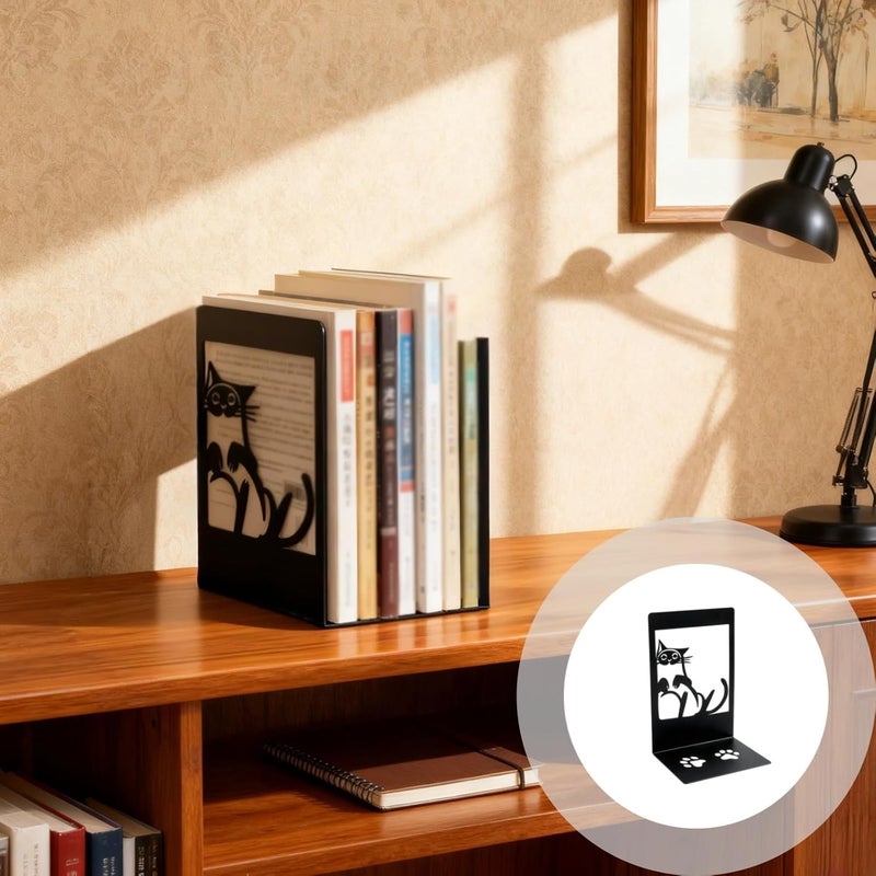 2 Pcs Cat Bookends, 6.3 in / 16 Cm Black Metal, Hollow Design, Cat Bookends for Shelves, Cat Lover Gifts for Women - Image 5