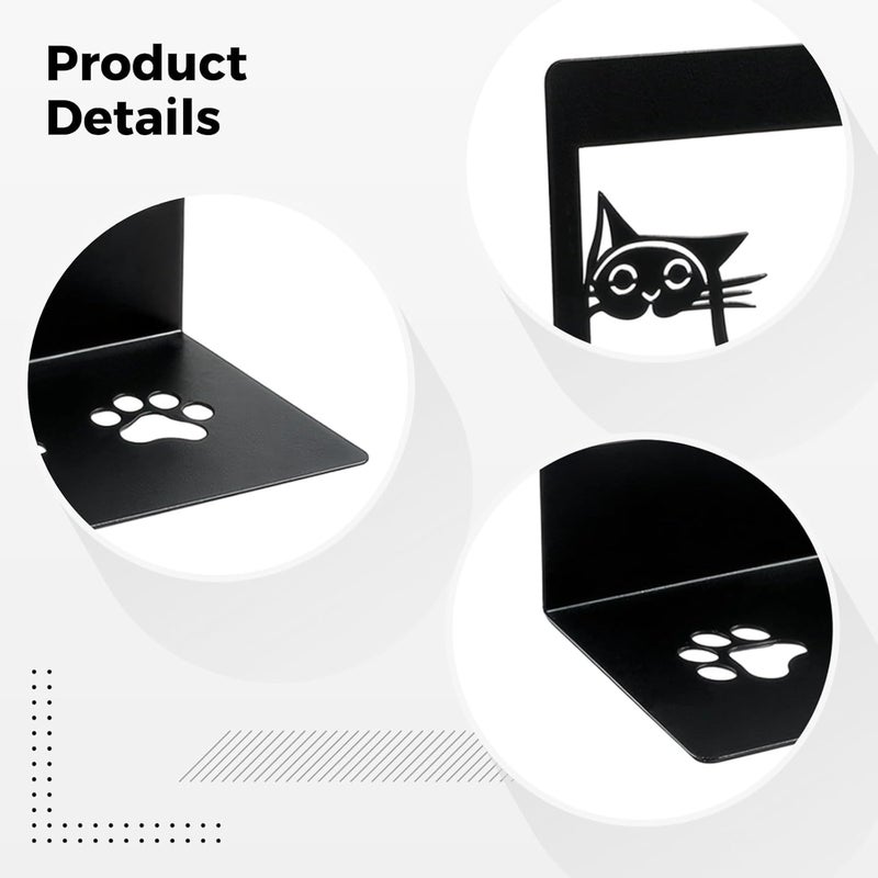 2 Pcs Cat Bookends, 6.3 in / 16 Cm Black Metal, Hollow Design, Cat Bookends for Shelves, Cat Lover Gifts for Women - Image 2