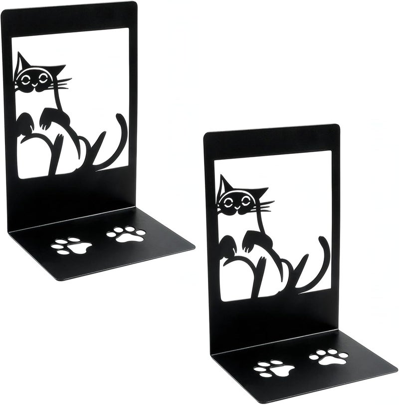 2 Pcs Cat Bookends, 6.3 in / 16 Cm Black Metal, Hollow Design, Cat Bookends for Shelves, Cat Lover Gifts for Women - Image 1