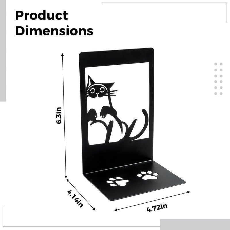 2 Pcs Cat Bookends, 6.3 in / 16 Cm Black Metal, Hollow Design, Cat Bookends for Shelves, Cat Lover Gifts for Women - Image 3