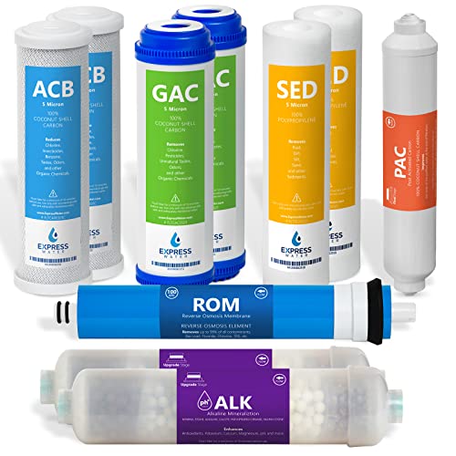 Express Water FLTSETALK1010 1 Year Alkaline Reverse Osmosis System Replacement Set – 10 100 GPD RO Membrane – 10 inch Size Water Filters, Count (Pack of 1), Blue, Green, Yellow, Pink, Purple, White - Image 1