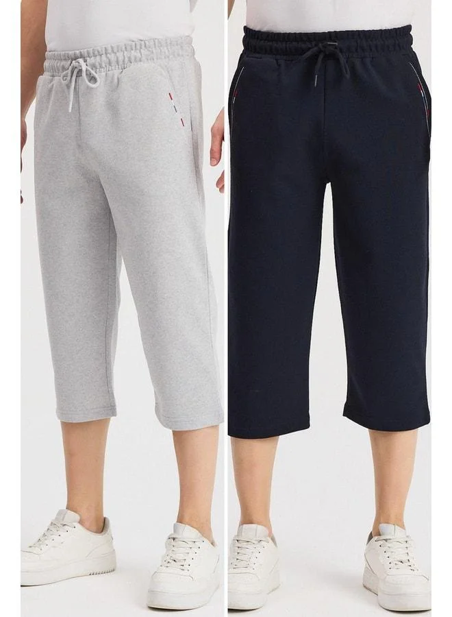 Men's Black-Anthracite Bermuda Knee-Length Capri Shorts with Side Pockets and Adjustable Elastic Drawstring Waist, 2-Pack