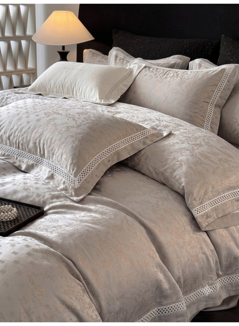 El Abd Luxury 6-Piece Jacquard Duvet Cover Set – Duvet Cover, Fitted Sheet, and 4 Pillowcases – 100% Cotton, Beige Olive - Image 3