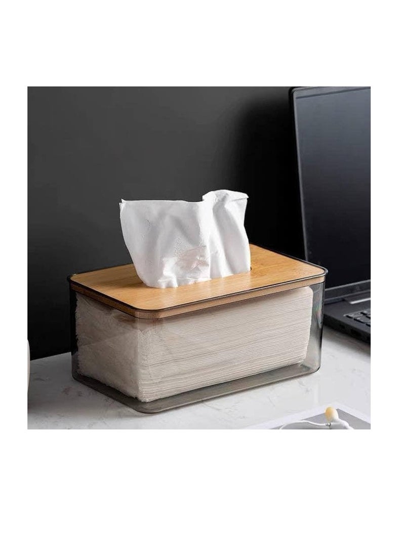 Clear Tissue Box Holder with Lid, Acrylic Rectangular Tissue Dispenser Box with Bamboo Lid for Bathroom and Living Room, Transparent Grey - Image 1