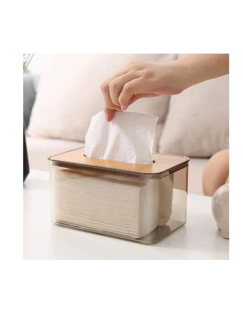 Clear Tissue Box Holder with Lid, Acrylic Rectangular Tissue Dispenser Box with Bamboo Lid for Bathroom and Living Room, Transparent Grey - Image 2