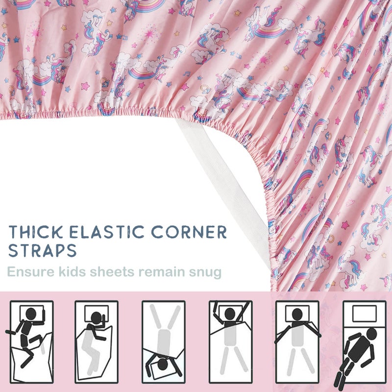softan Bed Sheet Set for Kids Girls  Twin Size Kids Sheets Microfiber Kids Fitted Sheet  Breathable & Silky Soft Feeling Kids Sheet Set 4 PCs Pink Unicorn Kids Full Bed Sheet - Image 5