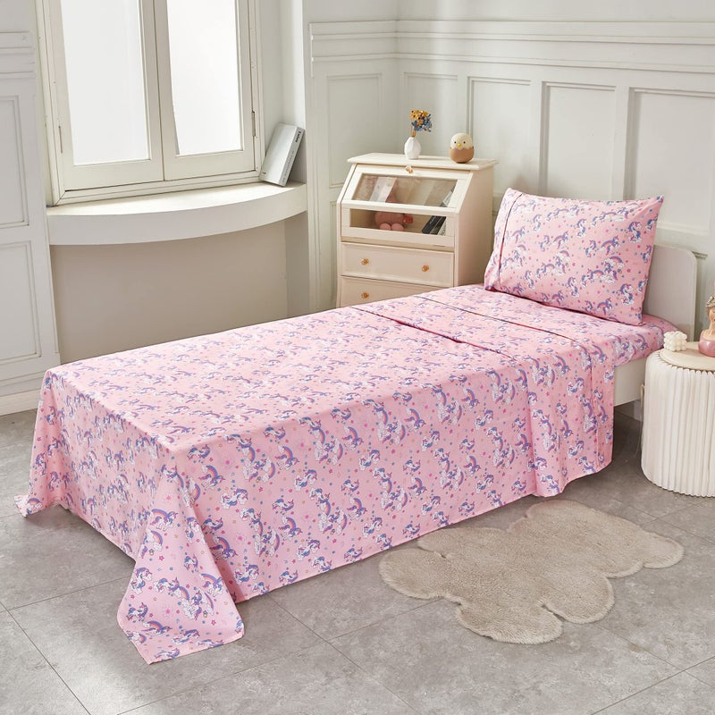 softan Bed Sheet Set for Kids Girls  Twin Size Kids Sheets Microfiber Kids Fitted Sheet  Breathable & Silky Soft Feeling Kids Sheet Set 4 PCs Pink Unicorn Kids Full Bed Sheet - Image 3
