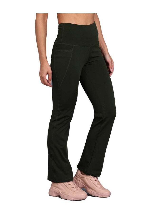 ROCK PAPER SCISSORS - Rock Paper Scissors Premium Flare Gym Pants High Waist Stretchable Flared Leggings with Pockets Gym wear/Active Wear Tights Yoga Pants Zumba/Dance Womens Workout Tights Gym Tight Army Green - Image 1