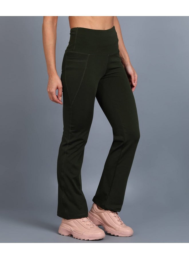 ROCK PAPER SCISSORS - Rock Paper Scissors Premium Flare Gym Pants High Waist Stretchable Flared Leggings with Pockets Gym wear/Active Wear Tights Yoga Pants Zumba/Dance Womens Workout Tights Gym Tight Army Green - Image 1