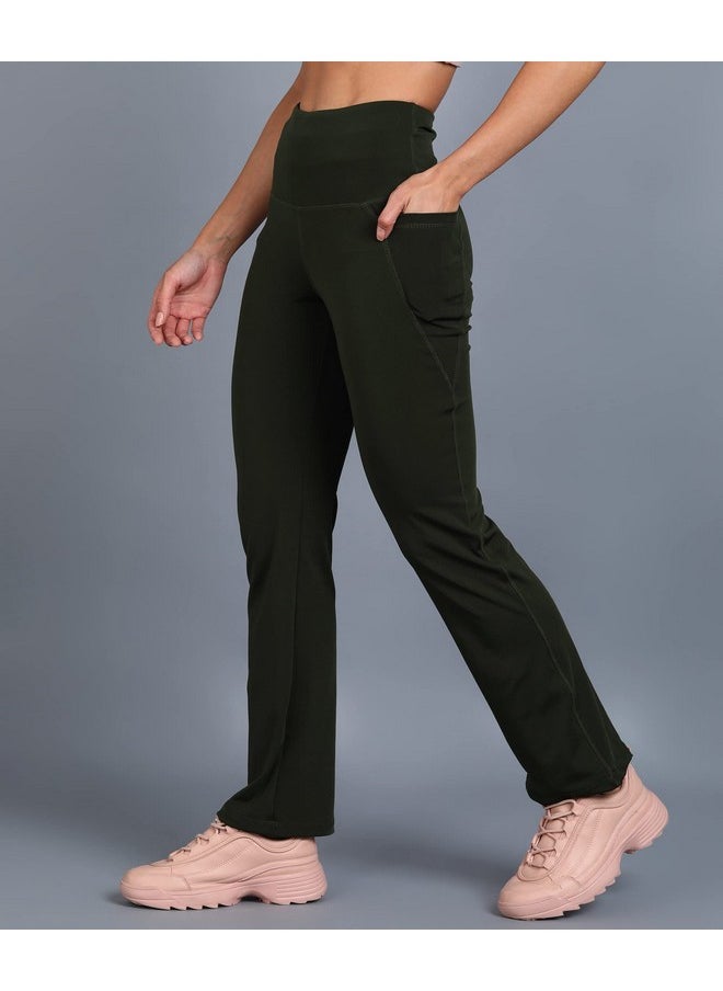 ROCK PAPER SCISSORS - Rock Paper Scissors Premium Flare Gym Pants High Waist Stretchable Flared Leggings with Pockets Gym wear/Active Wear Tights Yoga Pants Zumba/Dance Womens Workout Tights Gym Tight Army Green - Image 1