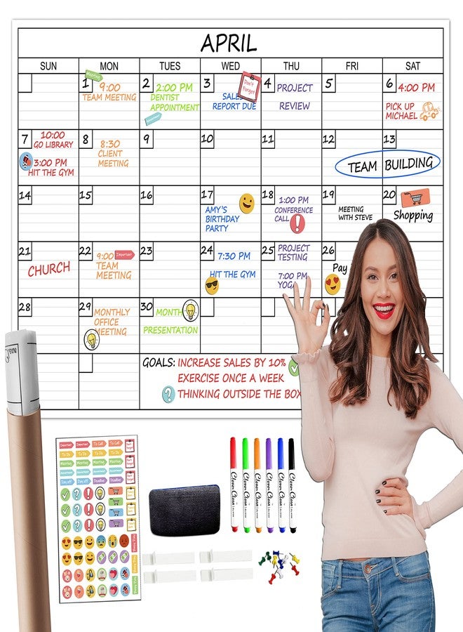 Clever Clean Large Dry Erase Wall Calendar - 24"x 36" Undated Monthly Calendar for Home, Office, Classroom - Reusable Laminated Task Organizer - Image 1