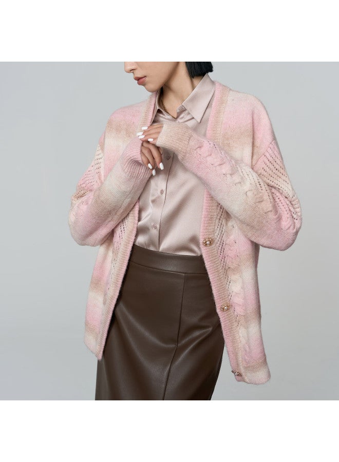 Yanyee Pink Long Sleeve Sweater Cardigan Women's  Autumn Winter Loose Versatile Soft Knit Jacket Pink XL - Image 1