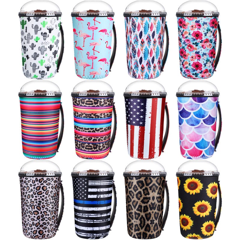 Boao 12 Pcs Reusable Neoprene Tumbler Sleeve with Handle Insulated Cup Sleeve for Iced Coffee Cold Drink Anti Condensation No Sweat for Summer Beach Hawaii PartyBright24 OunceElegant Style - Image 2