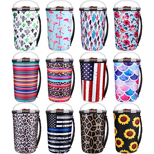 Boao 12 Pcs Reusable Neoprene Tumbler Sleeve with Handle Insulated Cup Sleeve for Iced Coffee Cold Drink Anti Condensation No Sweat for Summer Beach Hawaii PartyBright24 OunceElegant Style - Image 1