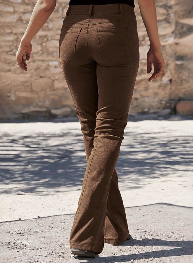 Flamingals Bootcut Mid Waist Solid Seam Front Pants with Pocket for Women, Brown, XL - Image 5