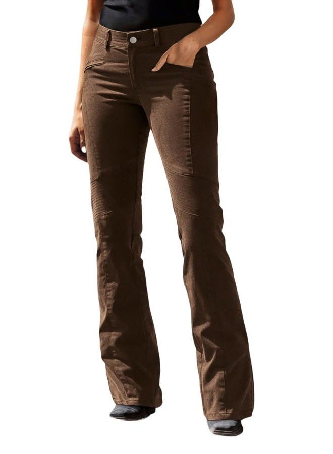 Flamingals Bootcut Mid Waist Solid Seam Front Pants with Pocket for Women, Brown, XL - Image 1