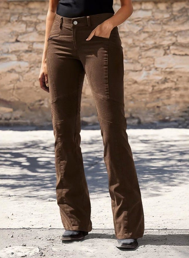 Flamingals Bootcut Mid Waist Solid Seam Front Pants with Pocket for Women, Brown, XL - Image 2