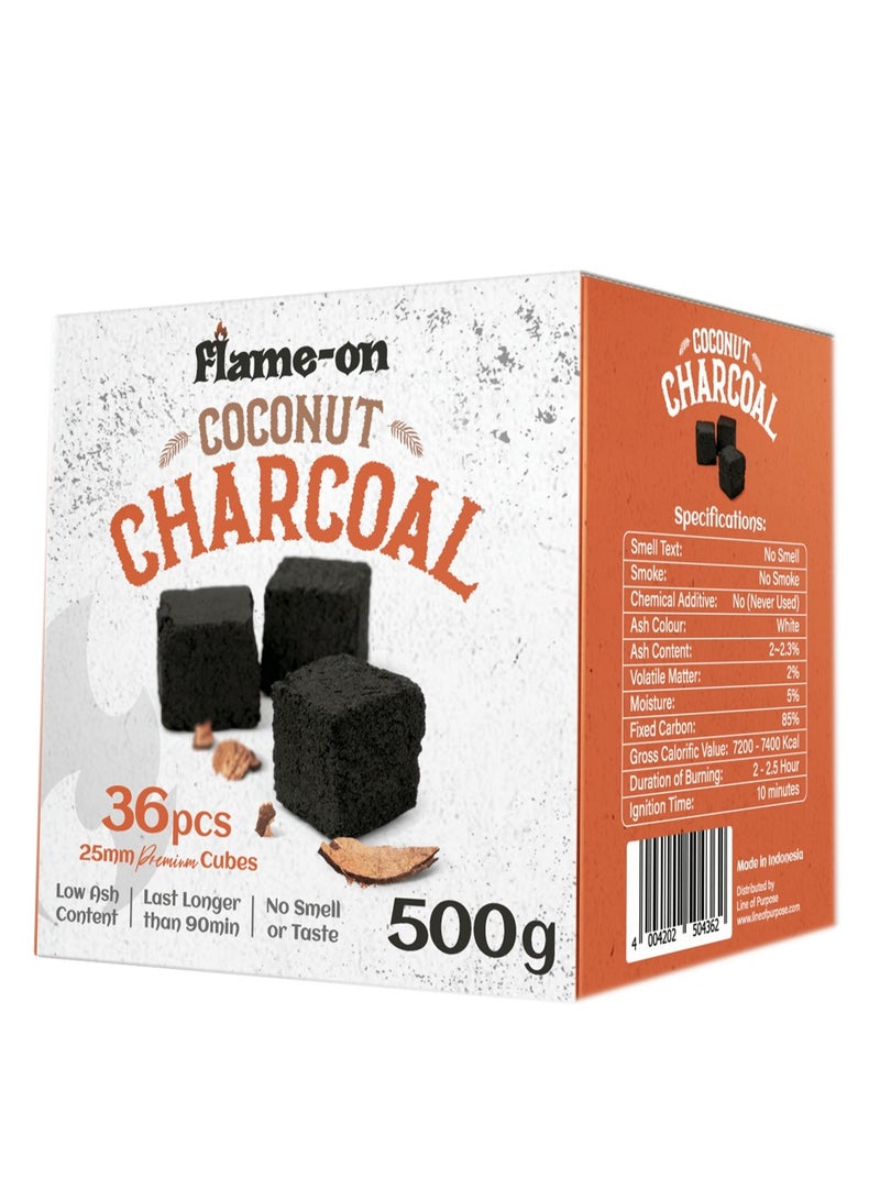 Flame-On Premium Coconut Shell Charcoal Briquettes 500g, 25mm Cubes x 36Pcs with Low ash content - Image 1