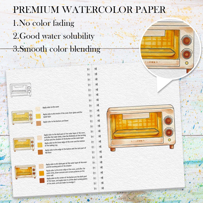 ADEVIAN Watercolor Workbook, Watercolor Workbook Paint Book Beginner Friendly, 12 Different Patterns Stress-Relieving Art Crafts for Creative Exploration Gift for Women Adults Teens (Kitchen, 1) - Image 3