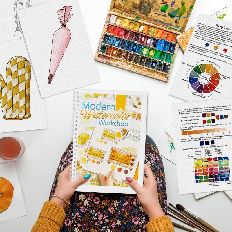 ADEVIAN Watercolor Workbook, Watercolor Workbook Paint Book Beginner Friendly, 12 Different Patterns Stress-Relieving Art Crafts for Creative Exploration Gift for Women Adults Teens (Kitchen, 1) - Image 2