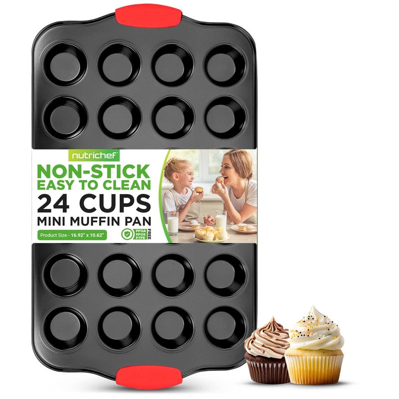 NutriChef 24Cup Nonstick Mini Muffin Pan Heavy Duty Carbon Steel Bakeware Tray with Red Silicone Handles Bake Mini Cupcakes Muffins Savory Treats 16 x 10 Black