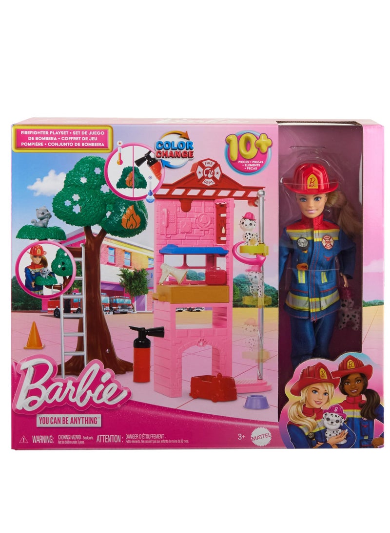 BARBIE FIREFIGHTER PLAYSET WITH BLONDE FASHION DOLL, FIRE STATION, 2 PETS & 10+ ACCESSORIES