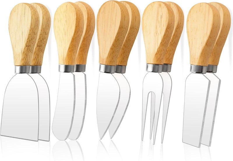 ProudMoore 10 Pcs Cheese Knives, Wooden Handle Cheese Knife Set for Charcuterie Board, Mini Steel Stainless Cheese Cutter, Spreader, Fork for Party Wedding Christmas, Charcuterie Accessories - Image 1