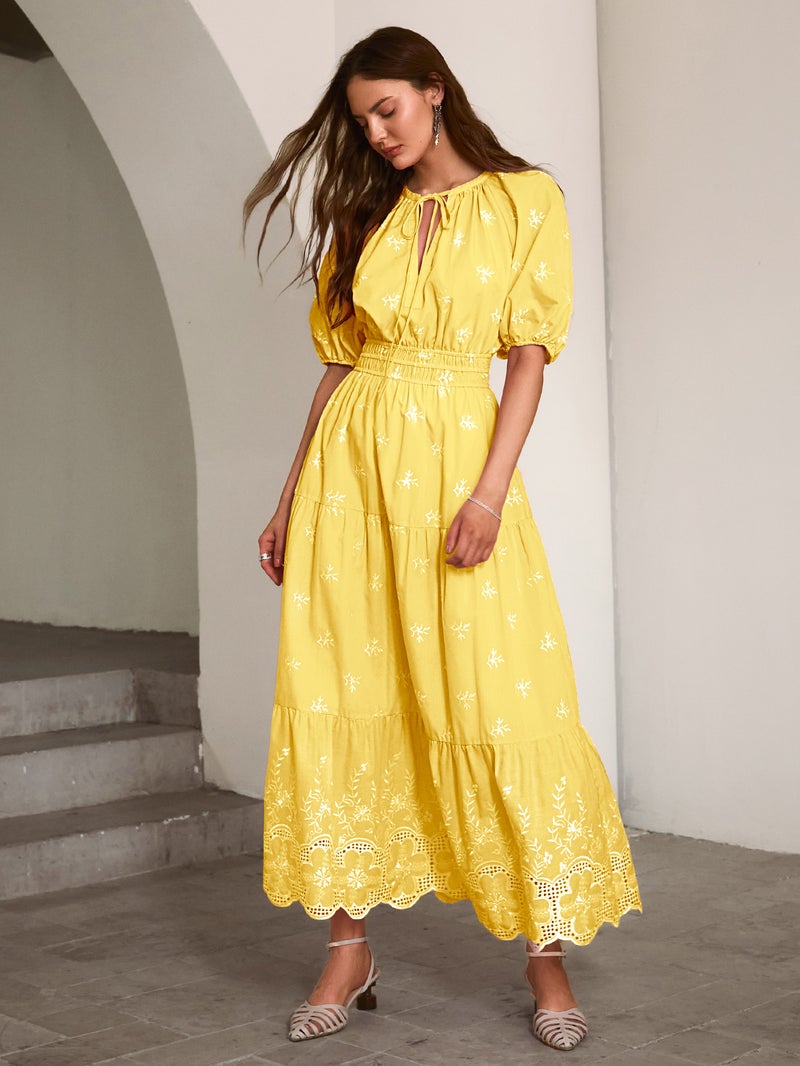 SIMPLEE V Neck Puff Short Sleeve Maxi Cake Dress, Lace Hem, Waist Drawstring, Vacation Floral Dress - Image 1