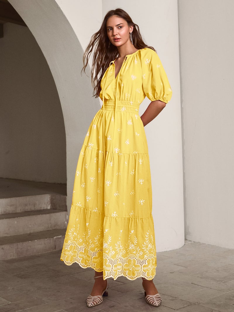 SIMPLEE V Neck Puff Short Sleeve Maxi Cake Dress, Lace Hem, Waist Drawstring, Vacation Floral Dress - Image 2
