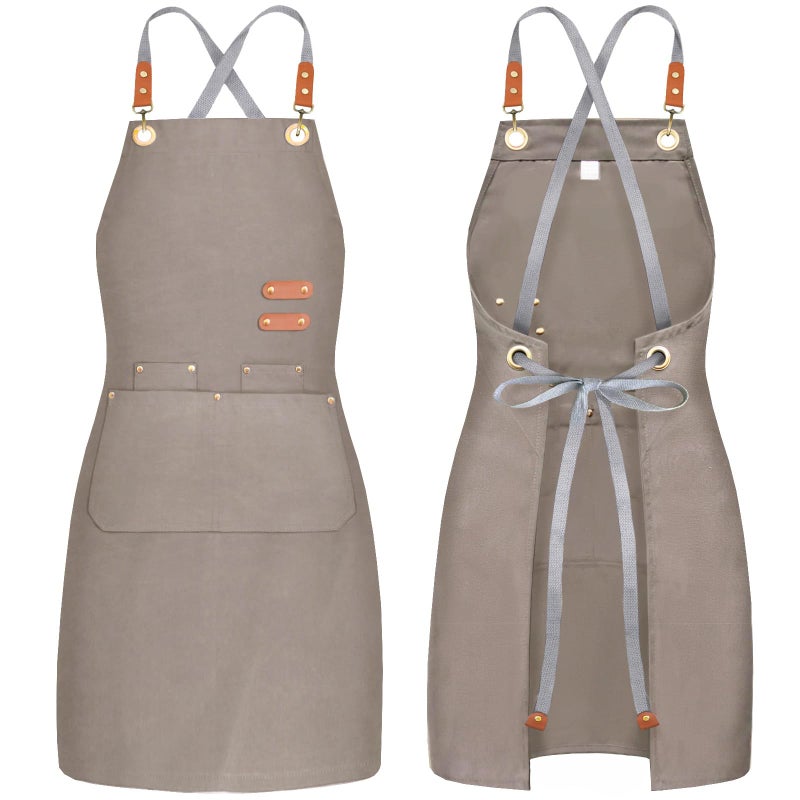BeLuyi chef apron bib tool apron for man woman cross back straps with 4 pockets for kitchen cooking gardening baking working(Beige) - Image 1