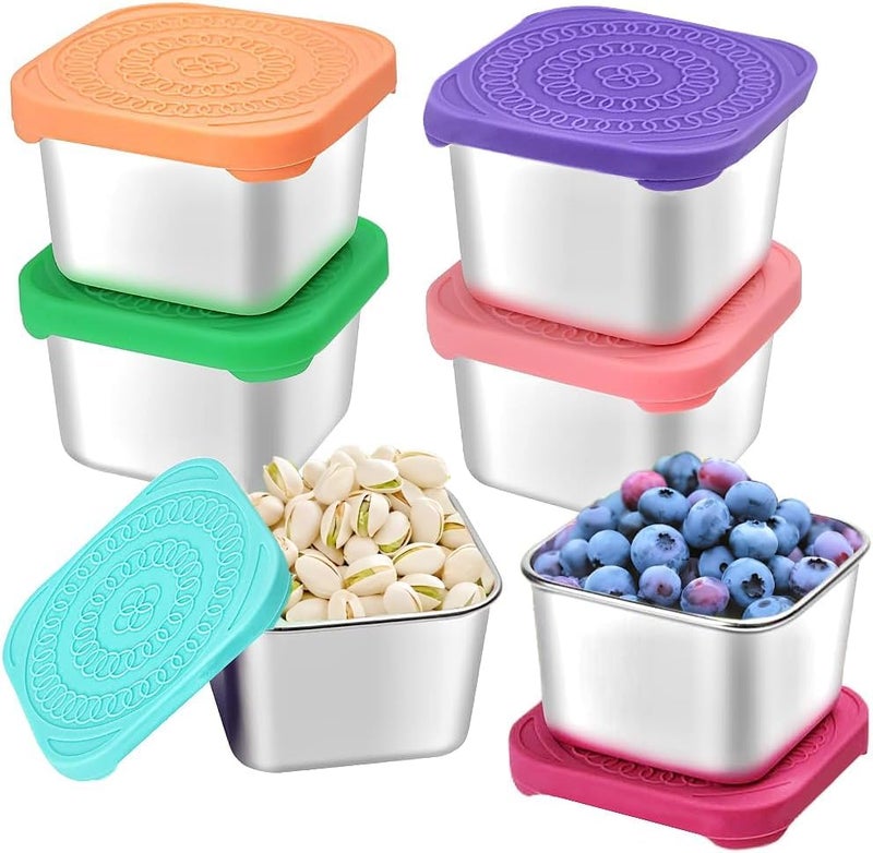 6 Pack Stainless Steel Snack Containers 6oz Small Metal Food Storage Containers with Leak Proof Silicone Lids Leakproof Bento Snack Container for Office Travel