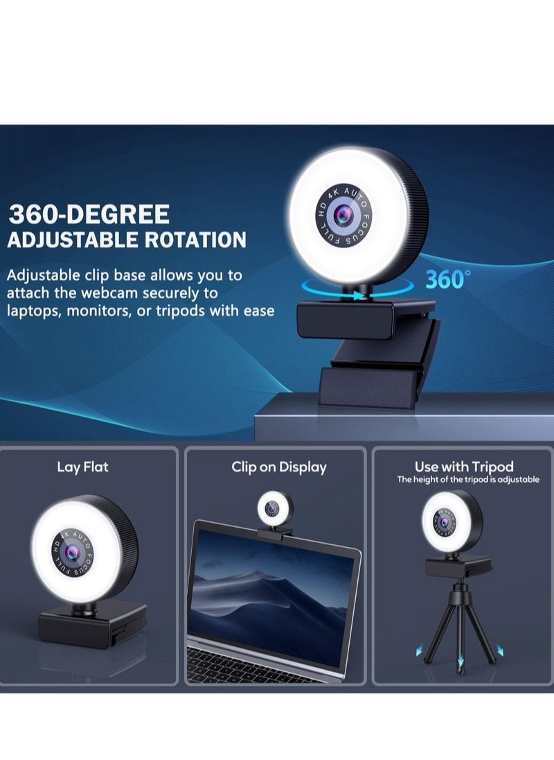 4K Webcam, HD Autofocus Webcam with Microphone, Adjustable Light Computer Camera with Privacy Cover and Tripod Stand, Plug and Play USB Webcam for Laptop Desktop Video Calling