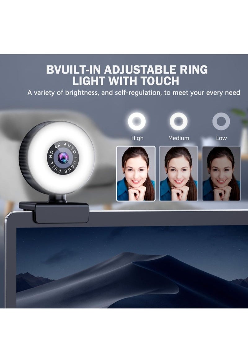 4K Webcam, HD Autofocus Webcam with Microphone, Adjustable Light Computer Camera with Privacy Cover and Tripod Stand, Plug and Play USB Webcam for Laptop Desktop Video Calling