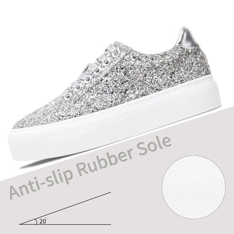 Jeekopeg Glitter Platform Sneakers Women Casual Sequin Sparkly Shoes Bling Thick Sole Walking Shoes Shiny Sequin Wedding Sneakers for Lady(Silver Glitter,US11) - Image 4