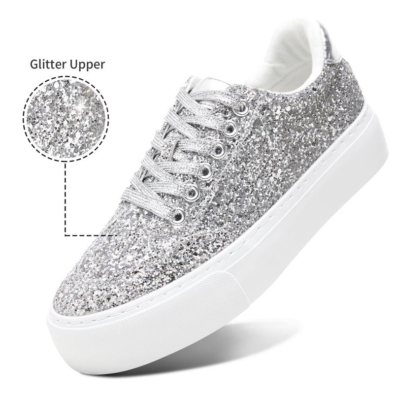 Jeekopeg Glitter Platform Sneakers Women Casual Sequin Sparkly Shoes Bling Thick Sole Walking Shoes Shiny Sequin Wedding Sneakers for Lady(Silver Glitter,US11) - Image 3