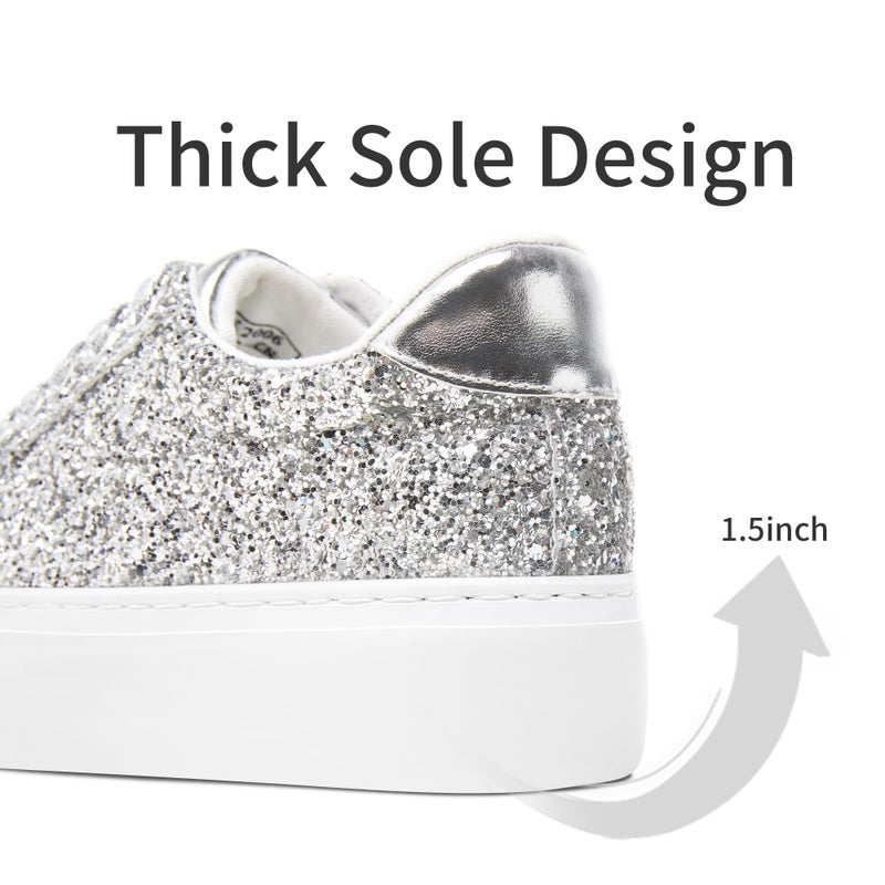 Jeekopeg Glitter Platform Sneakers Women Casual Sequin Sparkly Shoes Bling Thick Sole Walking Shoes Shiny Sequin Wedding Sneakers for Lady(Silver Glitter,US11) - Image 5
