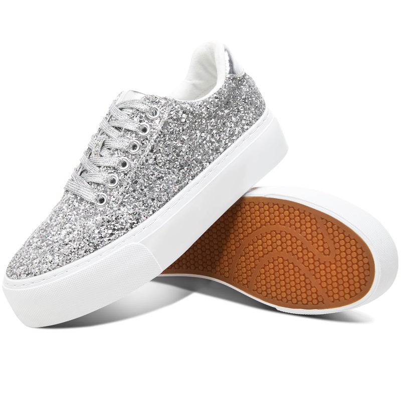 Jeekopeg Glitter Platform Sneakers Women Casual Sequin Sparkly Shoes Bling Thick Sole Walking Shoes Shiny Sequin Wedding Sneakers for Lady(Silver Glitter,US11) - Image 1