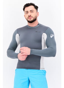 Men Brand Logo Long Sleeves Rash Guard Swimwear, Grey