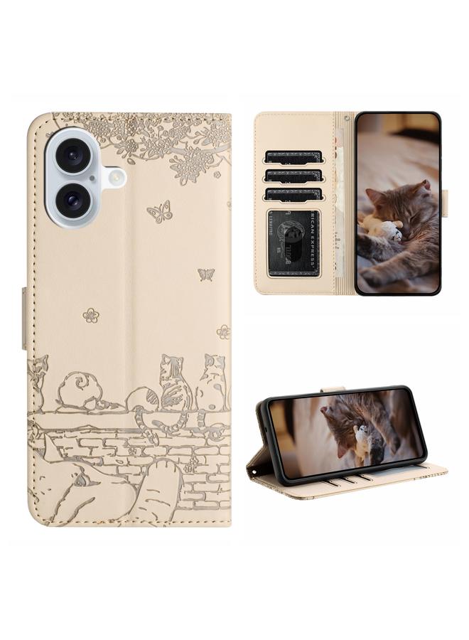 S-TOP Case For iPhone 16 Cat Embossing Pattern Leather Phone Case with Lanyard - Image 1