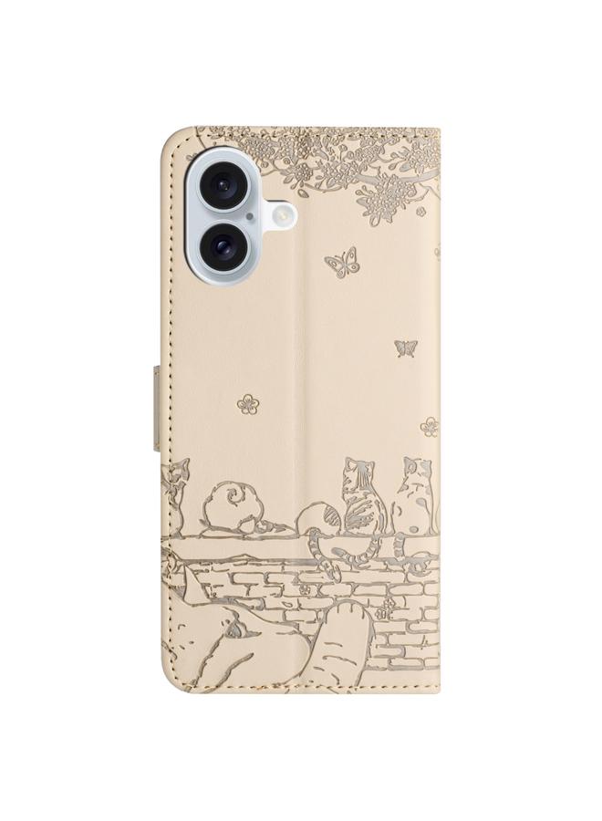 S-TOP Case For iPhone 16 Cat Embossing Pattern Leather Phone Case with Lanyard - Image 4