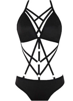 Ward Women's Black Lingerie with Vertical Straps Decorated with Metal Rings  - Image 1