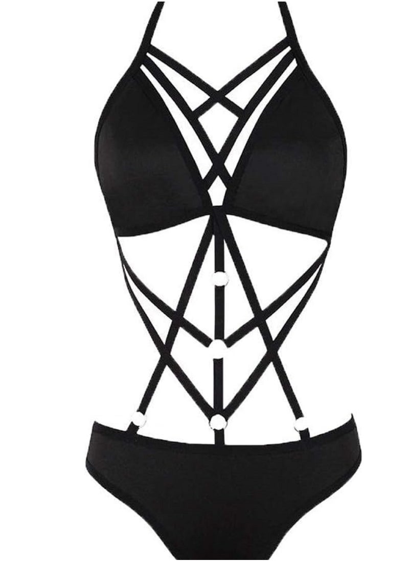 Ward Women's Black Lingerie with Vertical Straps Decorated with Metal Rings  - Image 1