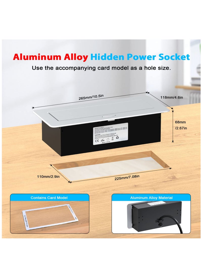 Recessed Power Socket with USB C PD20W, Desk Power Socket with USB, Aluminum Recessed Pop Up Socket for Desk Worktop 1.8M Cable, Aluminum(3250W/13A)
