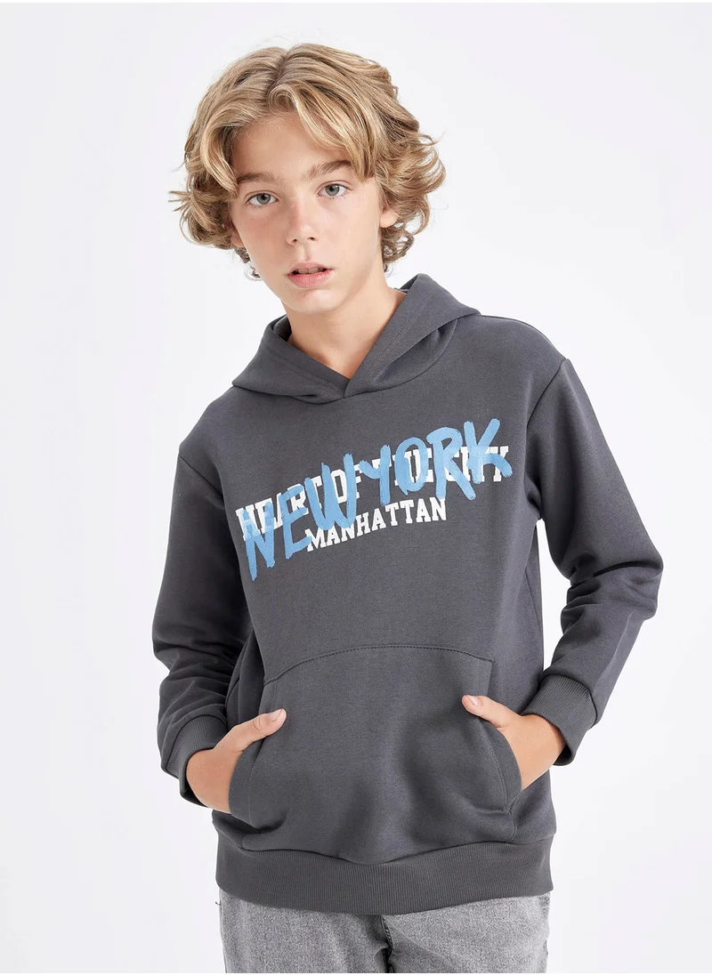 ديفاكتو Grey Hooded Pocket Back Printed Sweatshirt