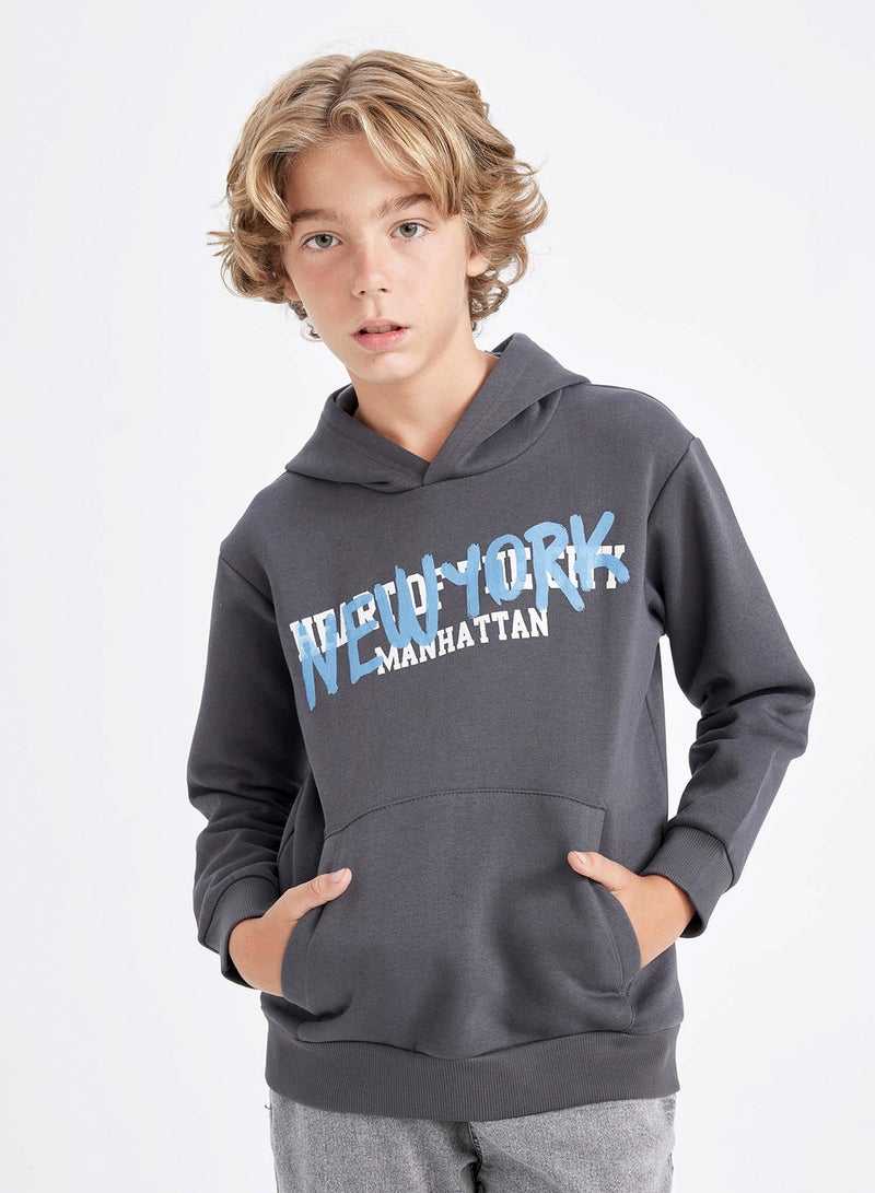 DeFacto Grey Hooded Pocket Back Printed Sweatshirt  - Image 1