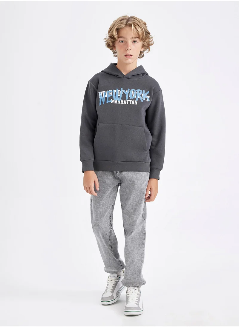 DeFacto Grey Hooded Pocket Back Printed Sweatshirt