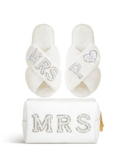 Xtinmee Personalized Initial Wedding Bride Slippers Mrs Pearl Letter Makeup Bag Bridal Shower Gifts For Wedding Day (P)  - Image 1