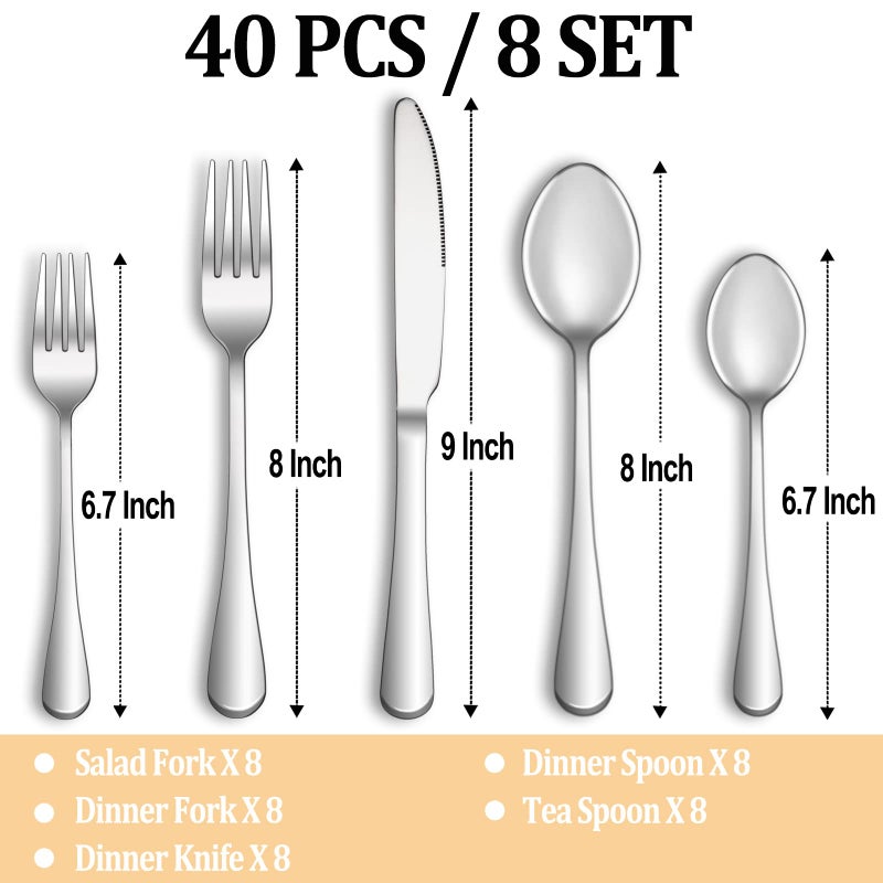 MUTNITT 40 Piece Silverware Set Service for 8,Premium Stainless Steel Flatware Set,Mirror Polished Cutlery Utensil Set,Durable Home Kitchen Eating Tableware Set,Include Fork Knife Spoon Set,Dishwasher Safe - Image 2